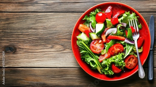 Fresh Salad in Red Bowl on Wooden Table