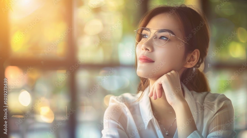 Thoughtful Young Woman with Glasses in Cafe Setting Thoughtful Young Woman with Glasses in Cafe Setting