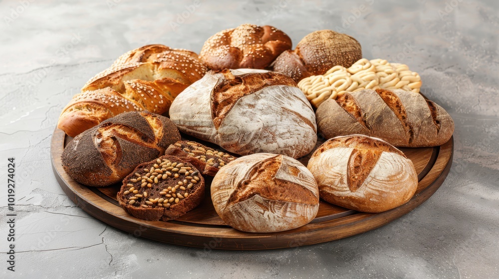 Fresh Baked Bread Collection on Wooden Tray Fresh Baked Bread Collection on Wooden Tray