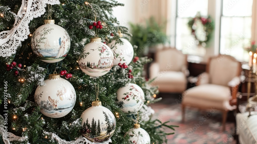 Elegant Christmas Tree Decor with White Ornaments in Cozy Living Room Setting, Perfect for Holiday Home Decoration Inspiration Elegant Christmas Tree Decor with White Ornaments in Cozy Living Room Setting, Perfect for Holiday Home Decoration Inspiration