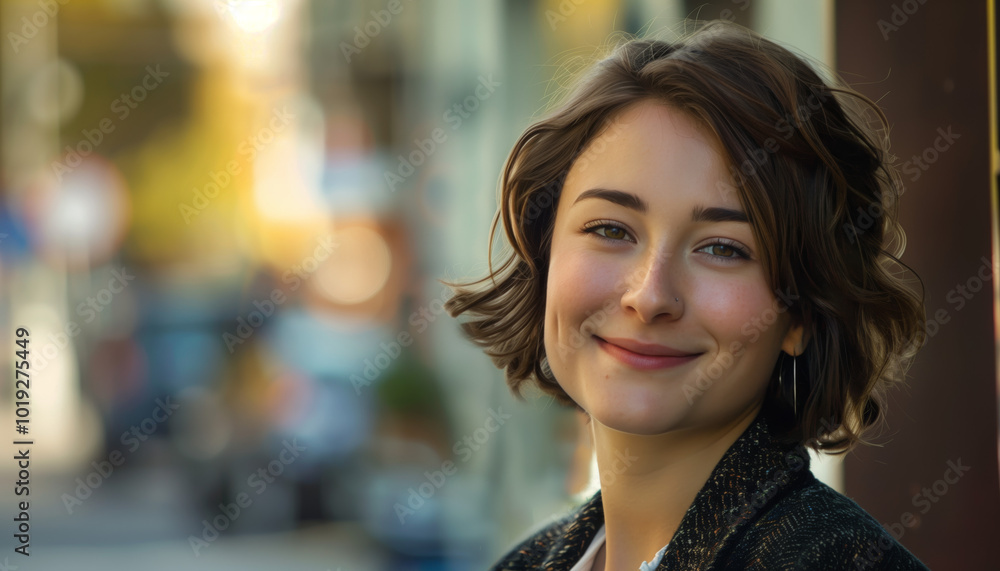 Obraz premium Portrait of a Happy Young Woman Smiling Outdoors in Urban Setting - Natural Light Photograph