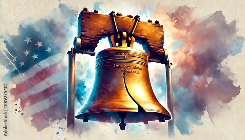 Liberty Bell For Patriot Day, Freedom Bell, Independence Day Illustration. Watercolor US Colors, Stars and Stripes Abstract Bell Design. Generative AI	