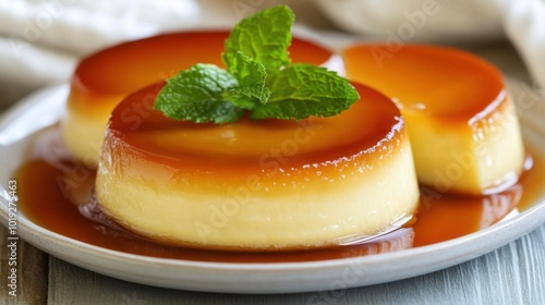 Creamy Caramel Pudding with Fresh Mint Garnish