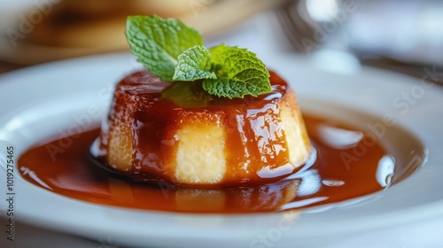 Creamy Flan with Caramel Sauce and Fresh Mint