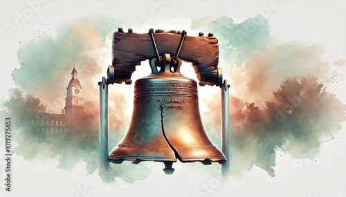 Liberty Bell For Patriot Day, Freedom Bell, Independence Day Illustration. Watercolor US Colors, Stars and Stripes Abstract Bell Design. Generative AI	