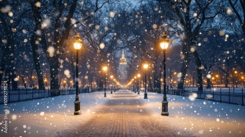 Central Park at night under snowfall. snow-covered trees, glowing lampposts, winding path. NYC skyline in distance. magical winter.