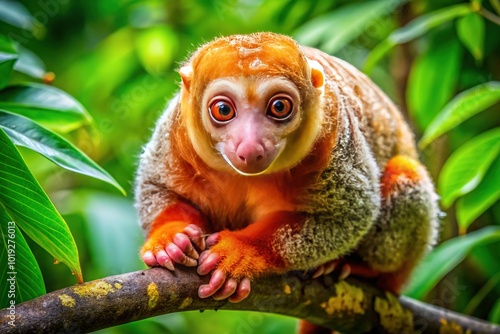 Amidst the vibrant foliage of Papua New Guinea's rainforest, a spotted cuscus rests on a branch, highlighting the beauty of its natural habitat. photo