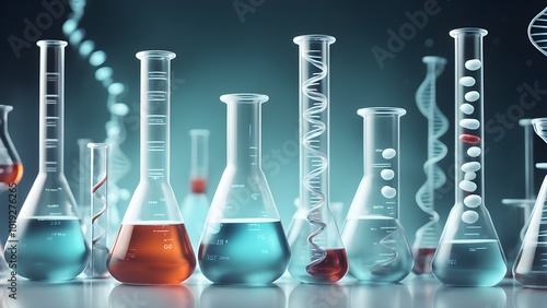 A row of beakers filled with colorful liquids with DNA strands in the background.