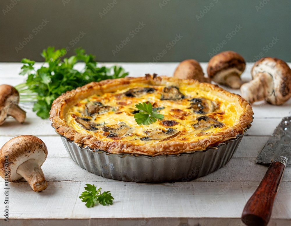 Golden Baked Mushroom and Cheese Quiche with a Buttery Crust, Captured in a Bright Home Kitchen with a Rustic Wooden Table and Fresh Herb Garnishes Golden Baked Mushroom and Cheese Quiche with a Buttery Crust, Captured in a Bright Home Kitchen with a Rustic Wooden Table and Fresh Herb Garnishes