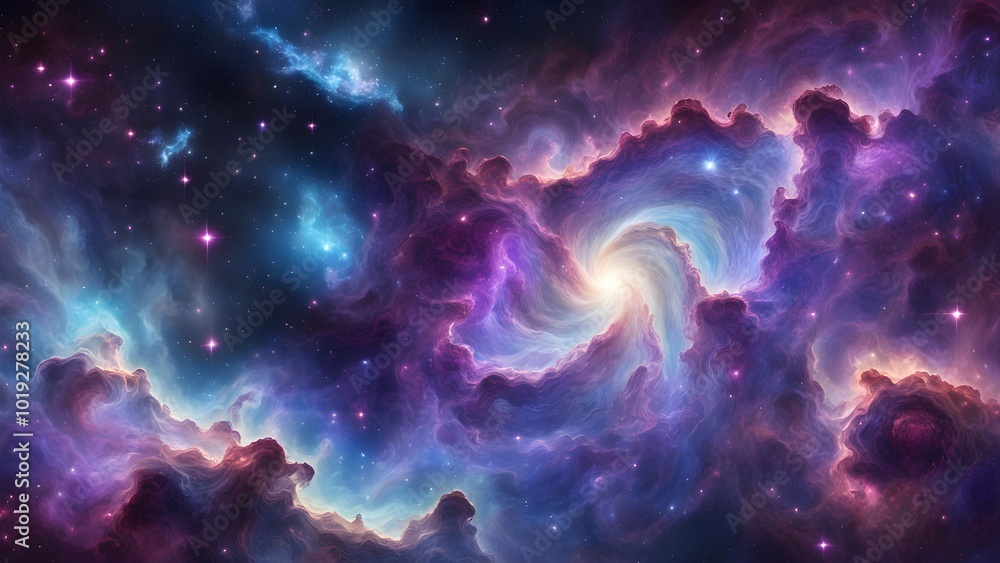 A vibrant, swirling nebula with a bright white center. The nebula is filled with a variety of colors, including blue, purple, pink, and yellow. The nebula is surrounded by a field of twinkling stars. A vibrant, swirling nebula with a bright white center. The nebula is filled with a variety of colors, including blue, purple, pink, and yellow. The nebula is surrounded by a field of twinkling stars.