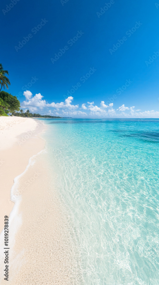 Tranquil beach with crystal clear water and white sand. Tranquil beach with crystal clear water and white sand.