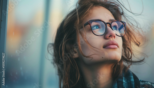 Thoughtful Young Woman Wearing Glasses Looking Out the Window - Lifestyle and Reflective Moments Photograph