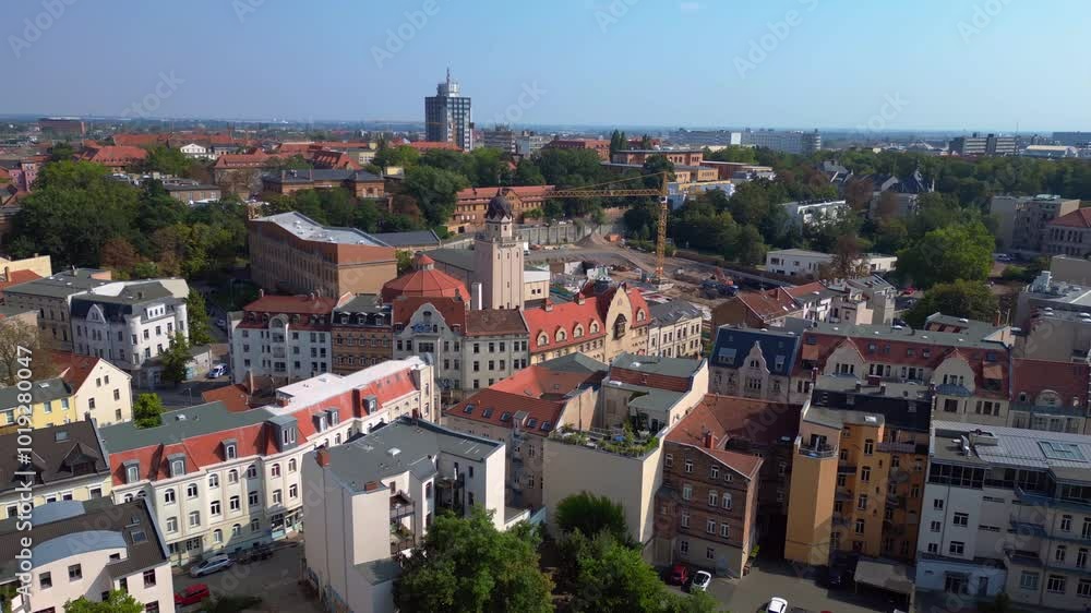 halle saale post office building, apartments. Smooth aerial view flight drone halle saale post office building, apartments. Smooth aerial view flight drone