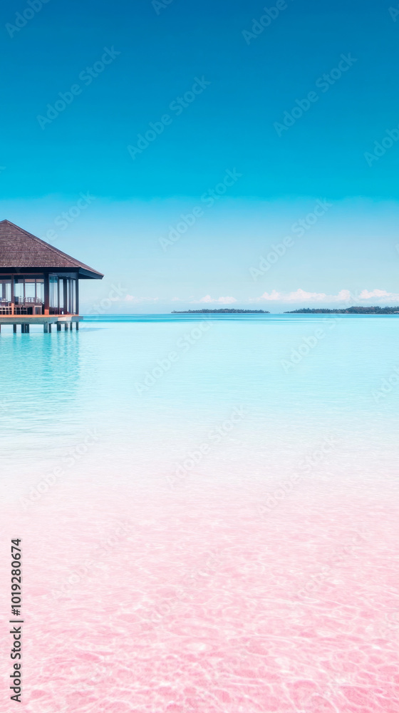 A wooden overwater hut with a thatched roof sits on a crystal clear turquoise and pink water. A wooden overwater hut with a thatched roof sits on a crystal clear turquoise and pink water.