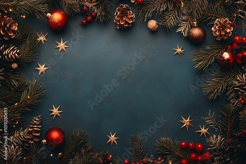 A festive arrangement of Christmas decorations on a blue background, featuring ornaments, pine cones, and stars.