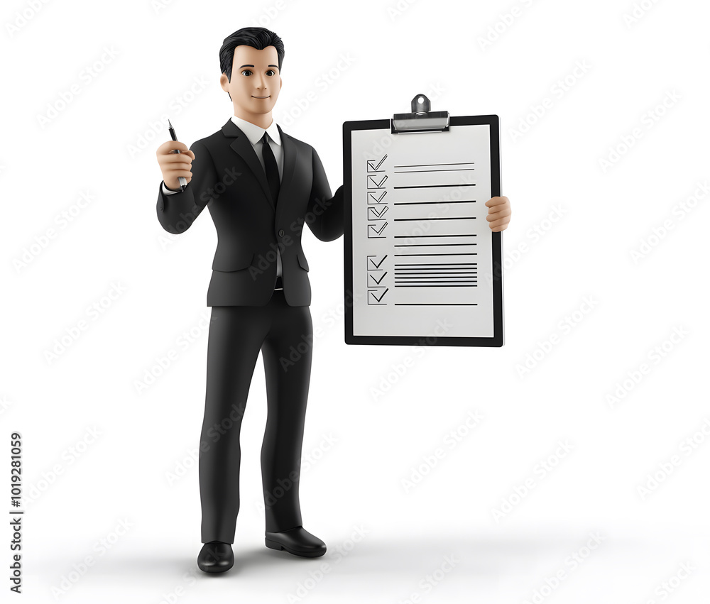 A 3D cartoon man presenting with a clipboard and checklist on a white background design, a high-resolution photo with a white background color design, a simple design A 3D cartoon man presenting with a clipboard and checklist on a white background design, a high-resolution photo with a white background color design, a simple design