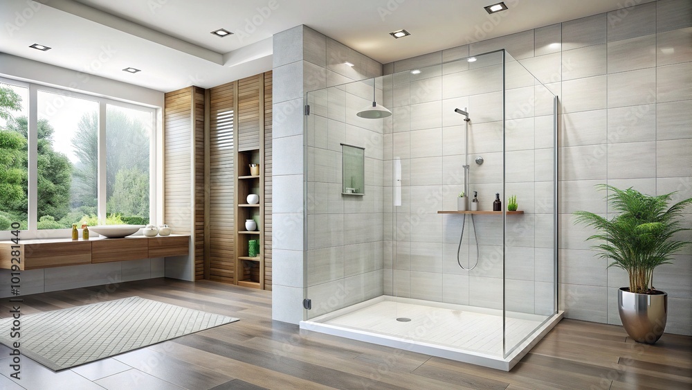 A sleek, modern bathroom features a contemporary walk-in shower with large, square, white porcelain tiles and a rainfall showerhead, surrounded by glass panels. A sleek, modern bathroom features a contemporary walk-in shower with large, square, white porcelain tiles and a rainfall showerhead, surrounded by glass panels.