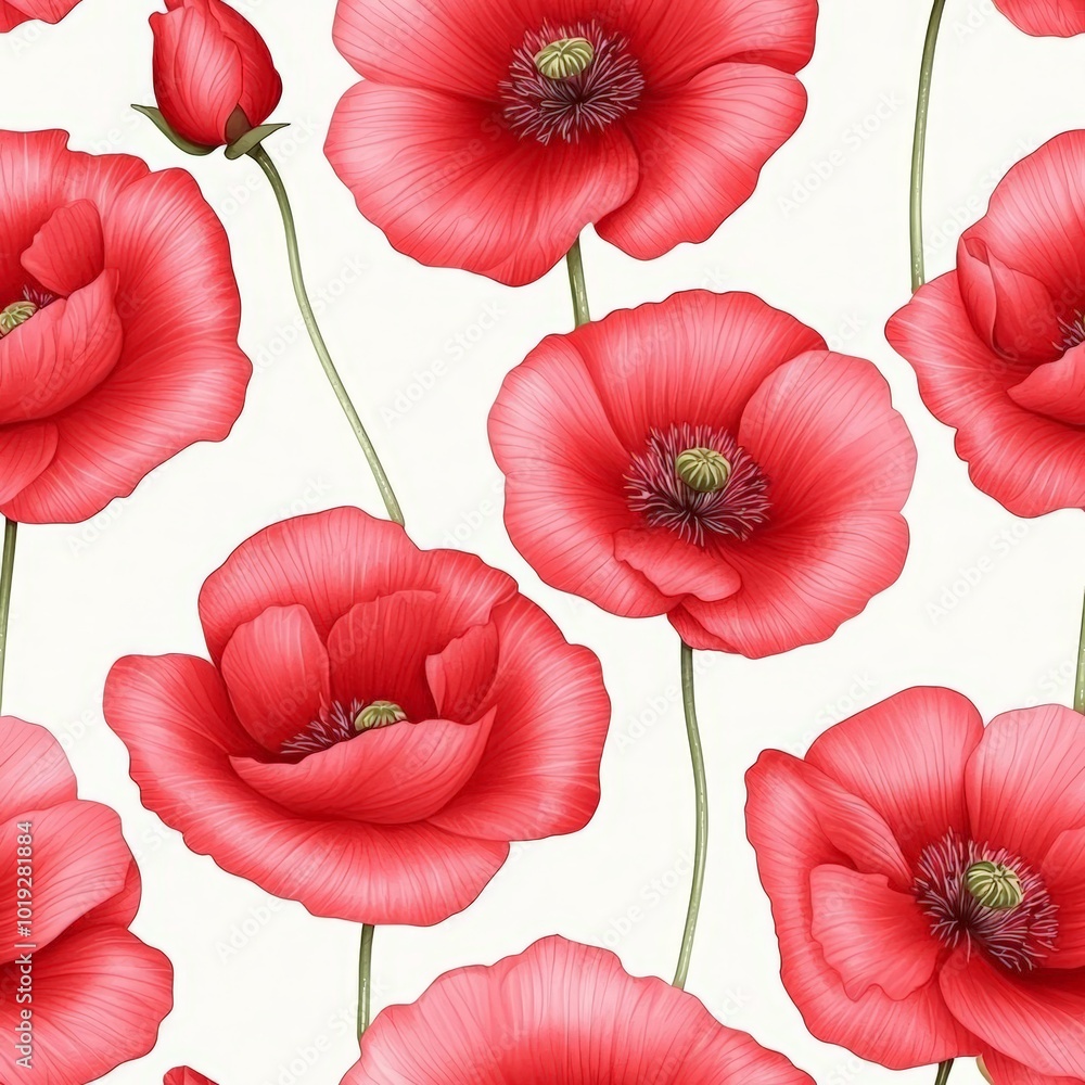 Obraz premium Delicate watercolor poppies with minimal details, seamless pattern