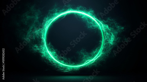 A glowing green circle of light on a dark background.