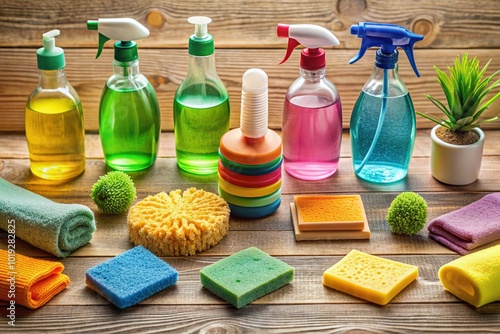 Assorted colorful eco-friendly cleaning supplies including refillable bottles, sponges, and rags, arranged on a wooden table, promoting sustainable and environmentally friendly DIY cleaning practices. photo