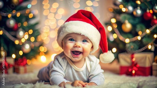 A joyful baby wearing a Santa Claus costume sits in front of a beautifully lit Christmas tree. The baby is smiling widely, embodying the festive spirit of Christmas in a cozy, holiday-themed setting.