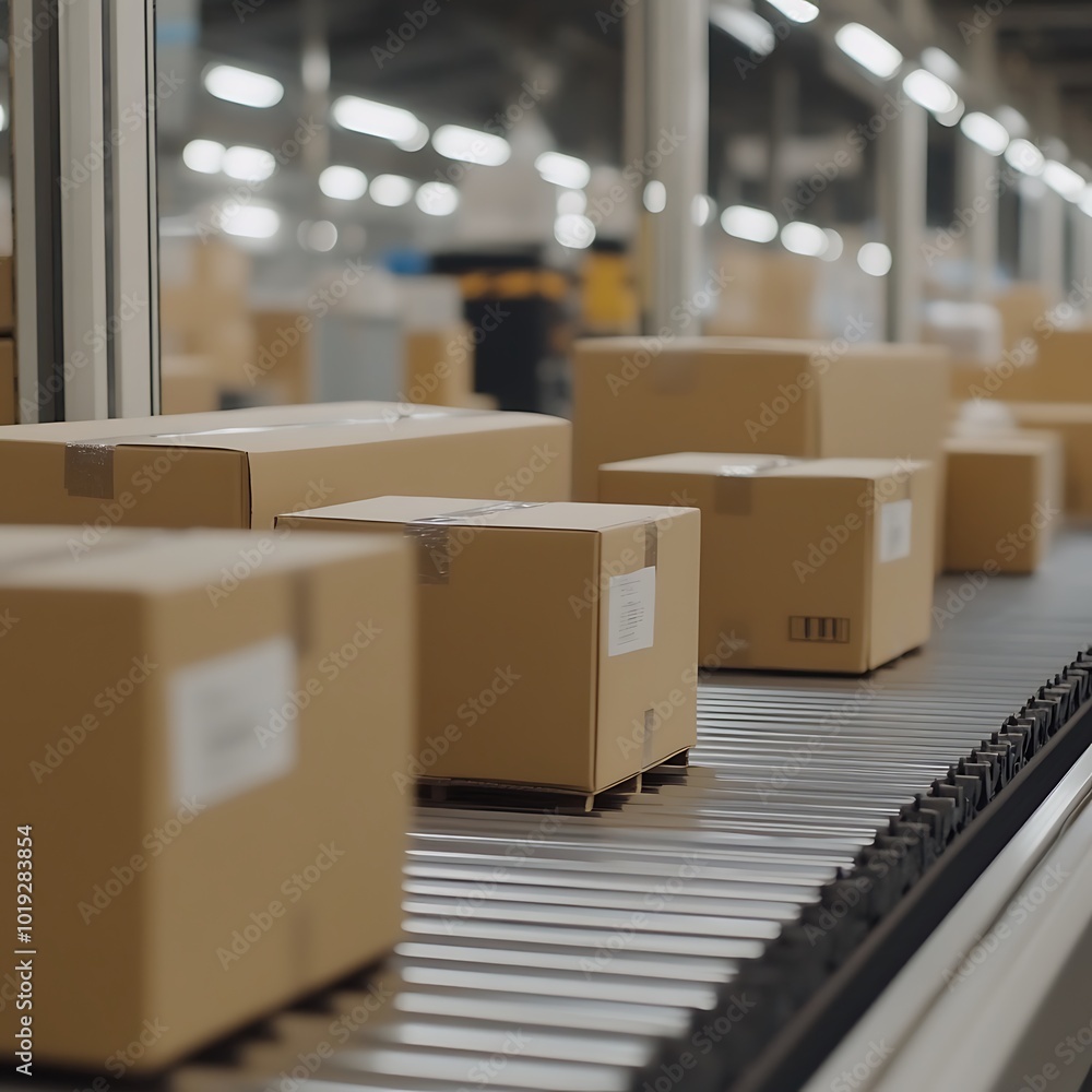 A conveyor belt transporting cardboard boxes in a warehouse setting. A conveyor belt transporting cardboard boxes in a warehouse setting.
