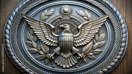 A stylized, silver eagle emblem with outstretched wings, surrounded by a circular border with intricate details, evoking a sense of power and military heritage. photo