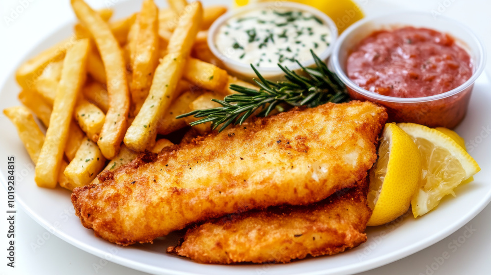 Crispy fish and chips with tartar sauce and ketchup. Crispy fish and chips with tartar sauce and ketchup.