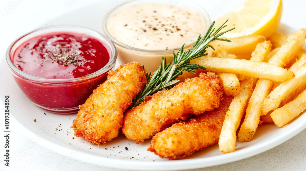 Crispy fish sticks and fries served with dipping sauces. Crispy fish sticks and fries served with dipping sauces.