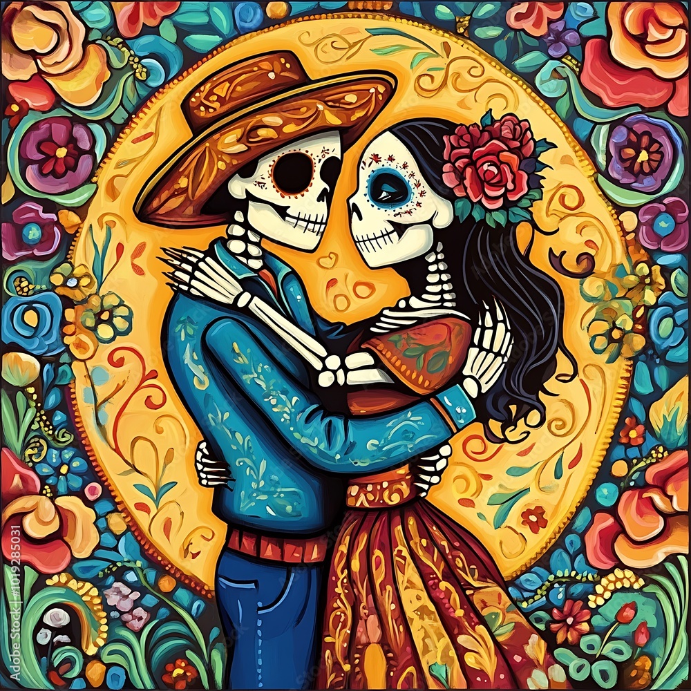 Fototapeta premium A vibrant depiction of two skeletons embracing, surrounded by colorful flowers and patterns, celebrating life and love.