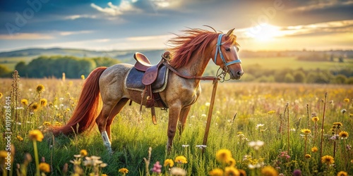 A vintage wooden stick horse with a worn leather saddle and faded red mane stands proudly in a sun-drenched farm field surrounded by wildflowers. photo