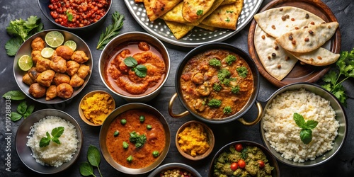 Aromatic Indian Cuisine Feast with Curries, Rice, Bread, and Vegetable Side Dishes