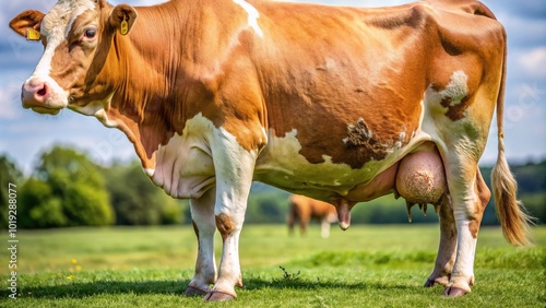 Close-up of a cow's infected udder, showing signs of mastitis, with redness, swelling, and abnormal milk secretion, highlighting the importance of dairy cow health. photo