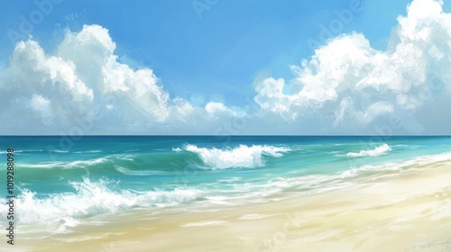 Serene Beach Landscape with Waves and Clouds