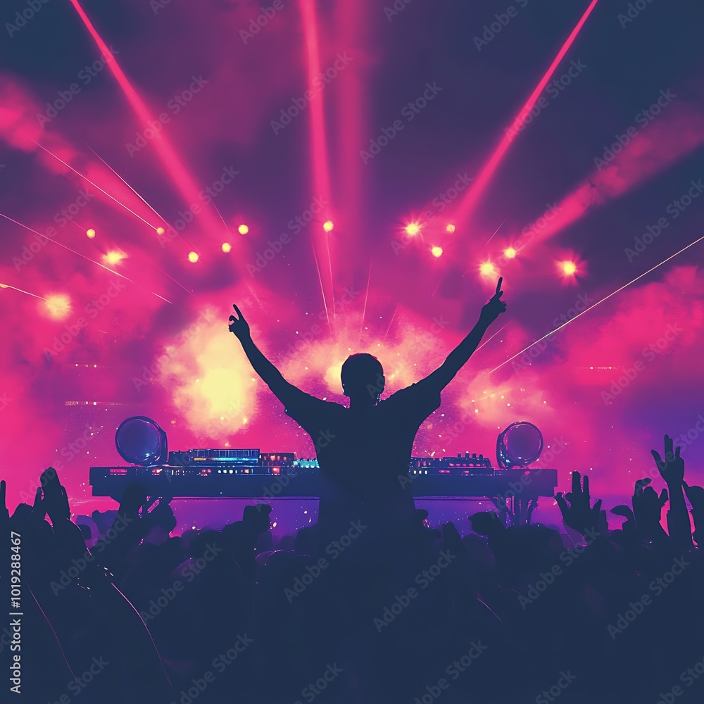 A vibrant concert scene with a DJ performing, surrounded by colorful lights and an energetic crowd. A vibrant concert scene with a DJ performing, surrounded by colorful lights and an energetic crowd.
