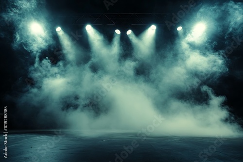 A stage illuminated by bright spotlights, surrounded by fog, creating a dramatic atmosphere for performances.