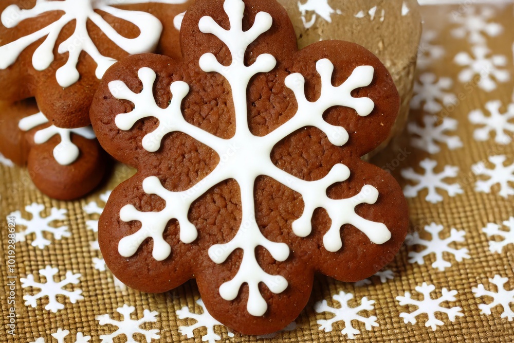 Plätzchen, Lebkuchen in Form einer Schneeflocke mit weißem Zuckerguss. Perfekt für Weihnachts- und Winterdekorationen. Geberative KI Plätzchen, Lebkuchen in Form einer Schneeflocke mit weißem Zuckerguss. Perfekt für Weihnachts- und Winterdekorationen. Geberative KI