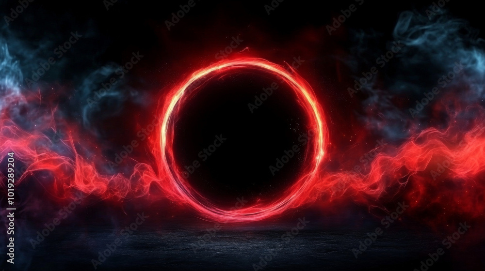 A glowing red ring with blue smoke wisps on a dark background. A glowing red ring with blue smoke wisps on a dark background.