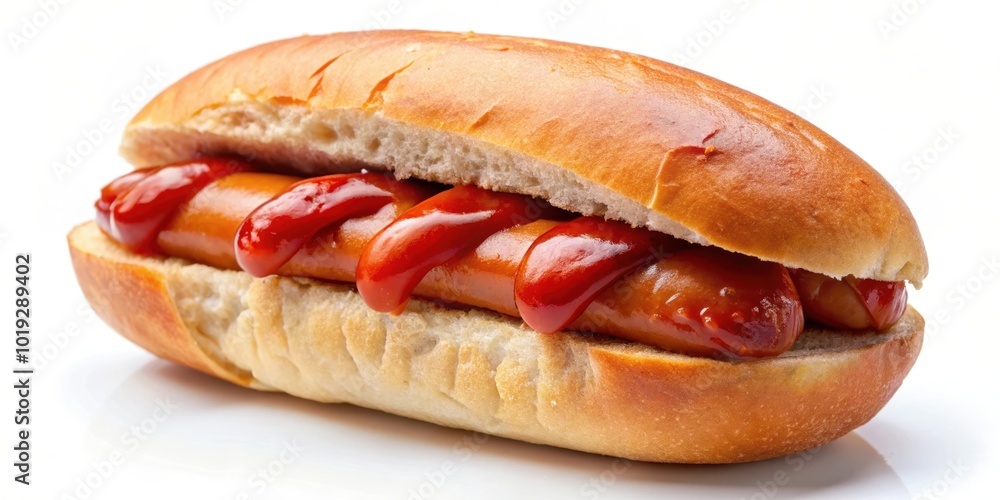 A close-up of a hot dog with ketchup, captured on a plain white background, showcasing the simple yet satisfying nature of this classic fast food. A close-up of a hot dog with ketchup, captured on a plain white background, showcasing the simple yet satisfying nature of this classic fast food.