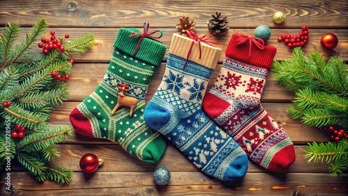 Colorful festive holiday socks with snowflakes, reindeer, and Christmas trees on a wooden table surrounded by gifts and evergreen branches, evoking a cozy winter atmosphere. photo