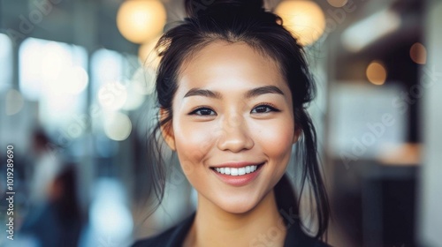 Smiling Woman in a Modern Café Setting