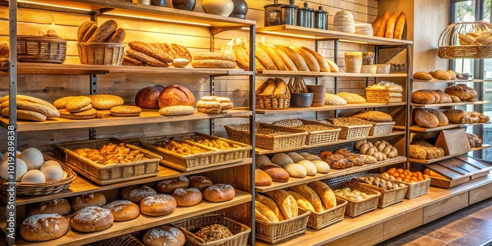 A well-stocked bakery with a variety of breads, pastries, and other baked goods displayed on wooden shelves A well-stocked bakery with a variety of breads, pastries, and other baked goods displayed on wooden shelves