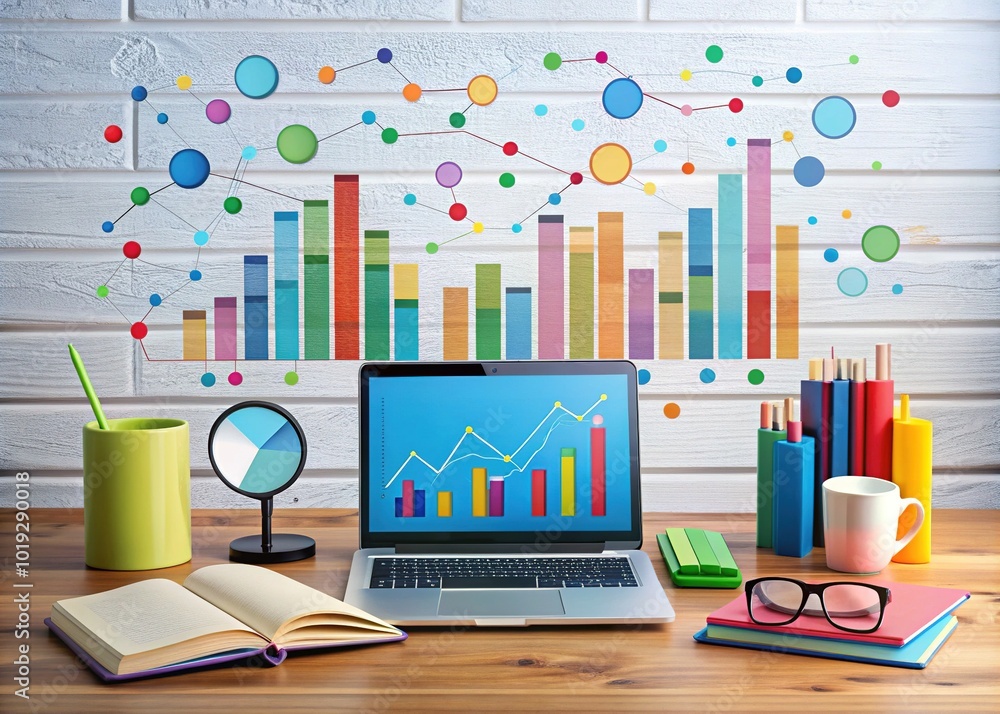 Colorful icons and graphs scattered across a cluttered desk, surrounded by open books and a laptop, symbolizing intense research and data analysis efforts. Colorful icons and graphs scattered across a cluttered desk, surrounded by open books and a laptop, symbolizing intense research and data analysis efforts.