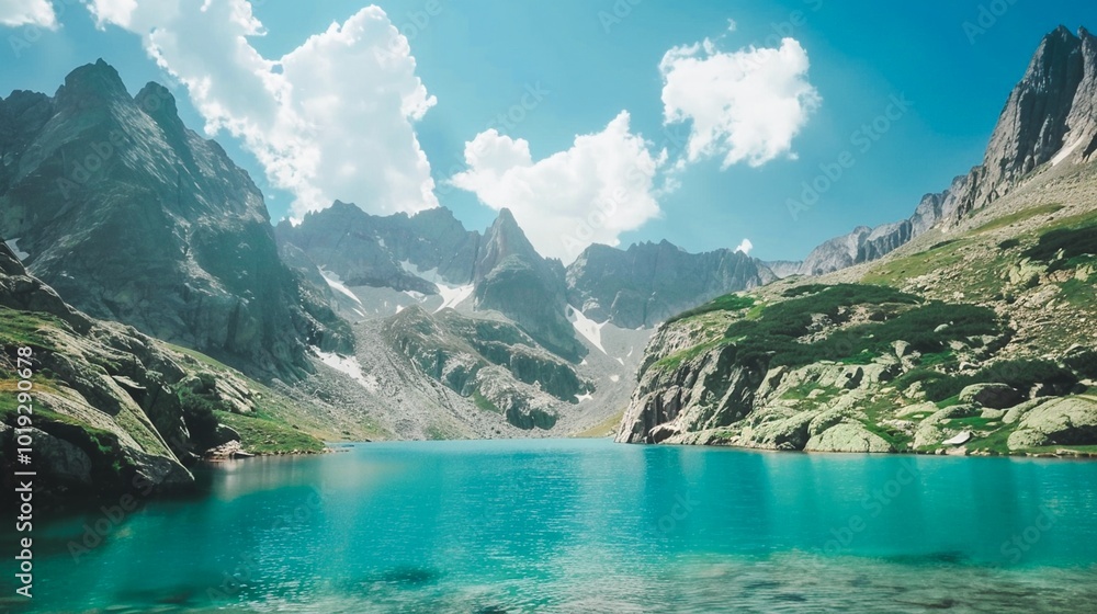 Fototapeta premium Breathtaking mountain lake surrounded by rugged snow capped peaks and lush verdant vegetation The crystal clear turquoise waters reflect the serene picturesque environment creating a stunning