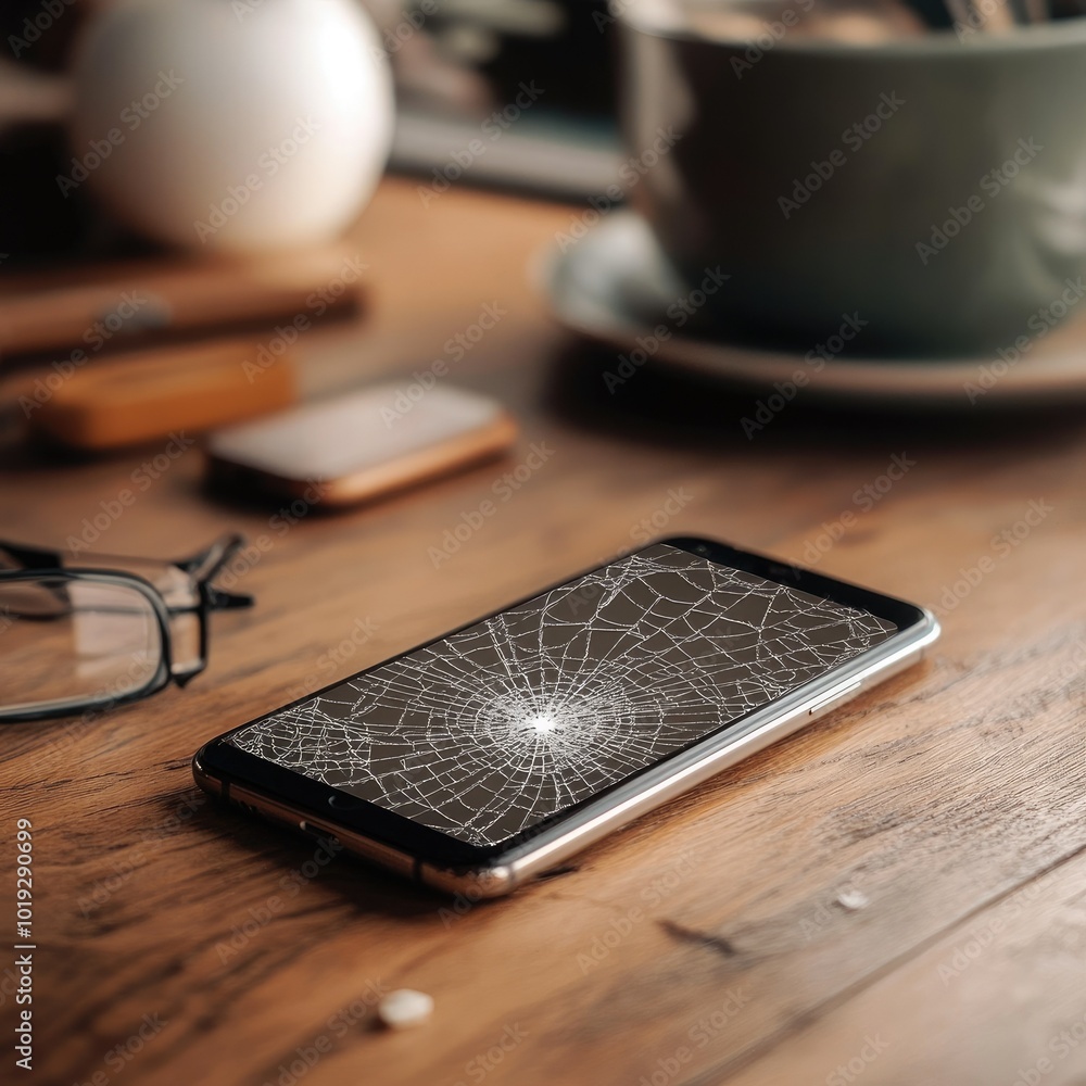 Cracked Screen Smartphone on Wooden Table Cracked Screen Smartphone on Wooden Table