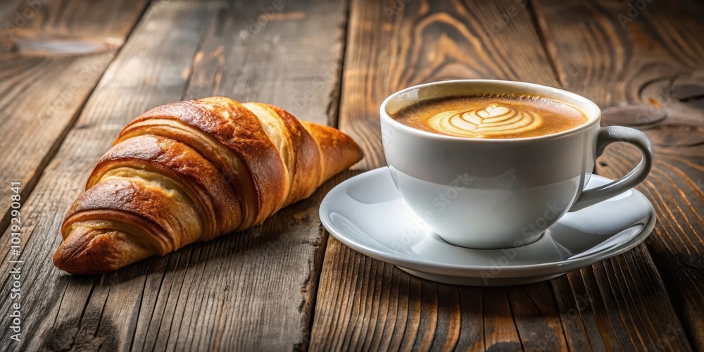 A Freshly Baked Croissant and a Cup of Aromatic Coffee Resting on a Rustic Wooden Tabletop A Freshly Baked Croissant and a Cup of Aromatic Coffee Resting on a Rustic Wooden Tabletop