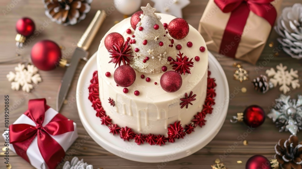 Festive Holiday Cake with Decorations and Gifts Festive Holiday Cake with Decorations and Gifts