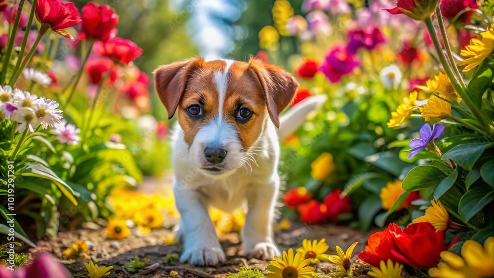 Playful golden jack russell terrier puppy exploring a sunny garden filled with colorful flowers Playful golden jack russell terrier puppy exploring a sunny garden filled with colorful flowers