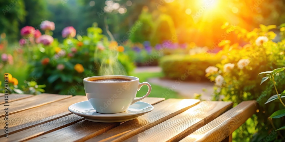 A steaming cup of coffee on a wooden table with a blurred background of a lush garden and golden sunlight.