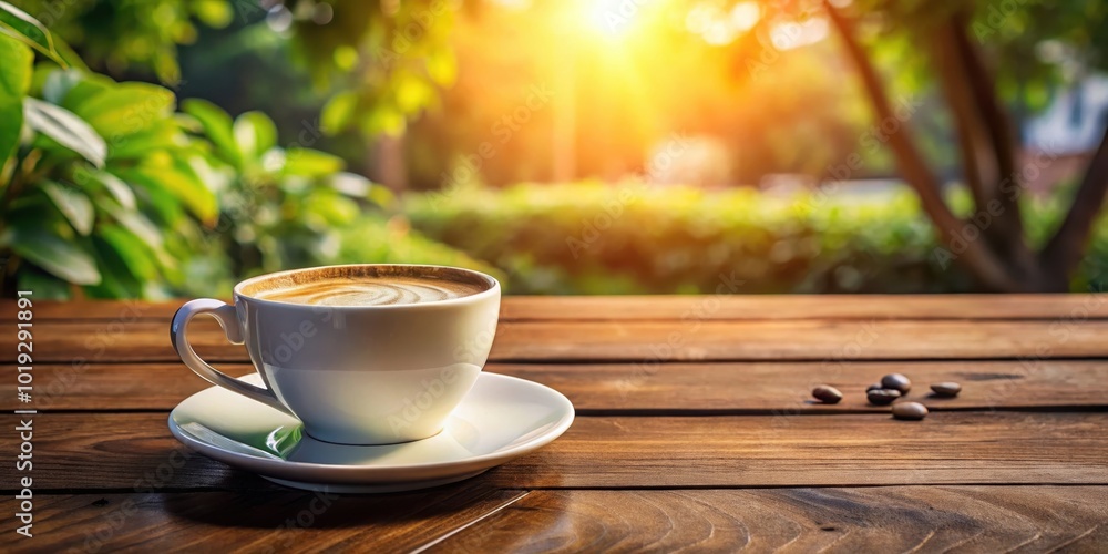 A cup of coffee on a wooden table with a green and sunny background. The setting sun shines on the cup, casting a warm glow on the table. A cup of coffee on a wooden table with a green and sunny background. The setting sun shines on the cup, casting a warm glow on the table.